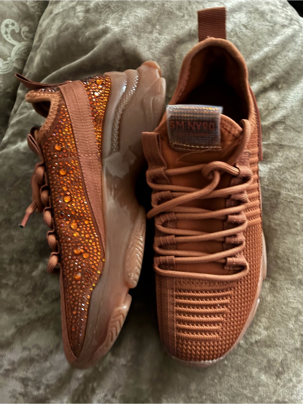 Steve Madden unisex Knit Sneakers with Amber Crystal Embellishments - Rust